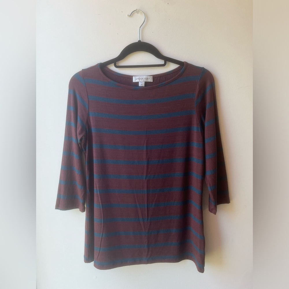 Amour Vert Francoise 3/4 Sleeve Dream Knit Modal Tee Maple & Azure Stripe Medium